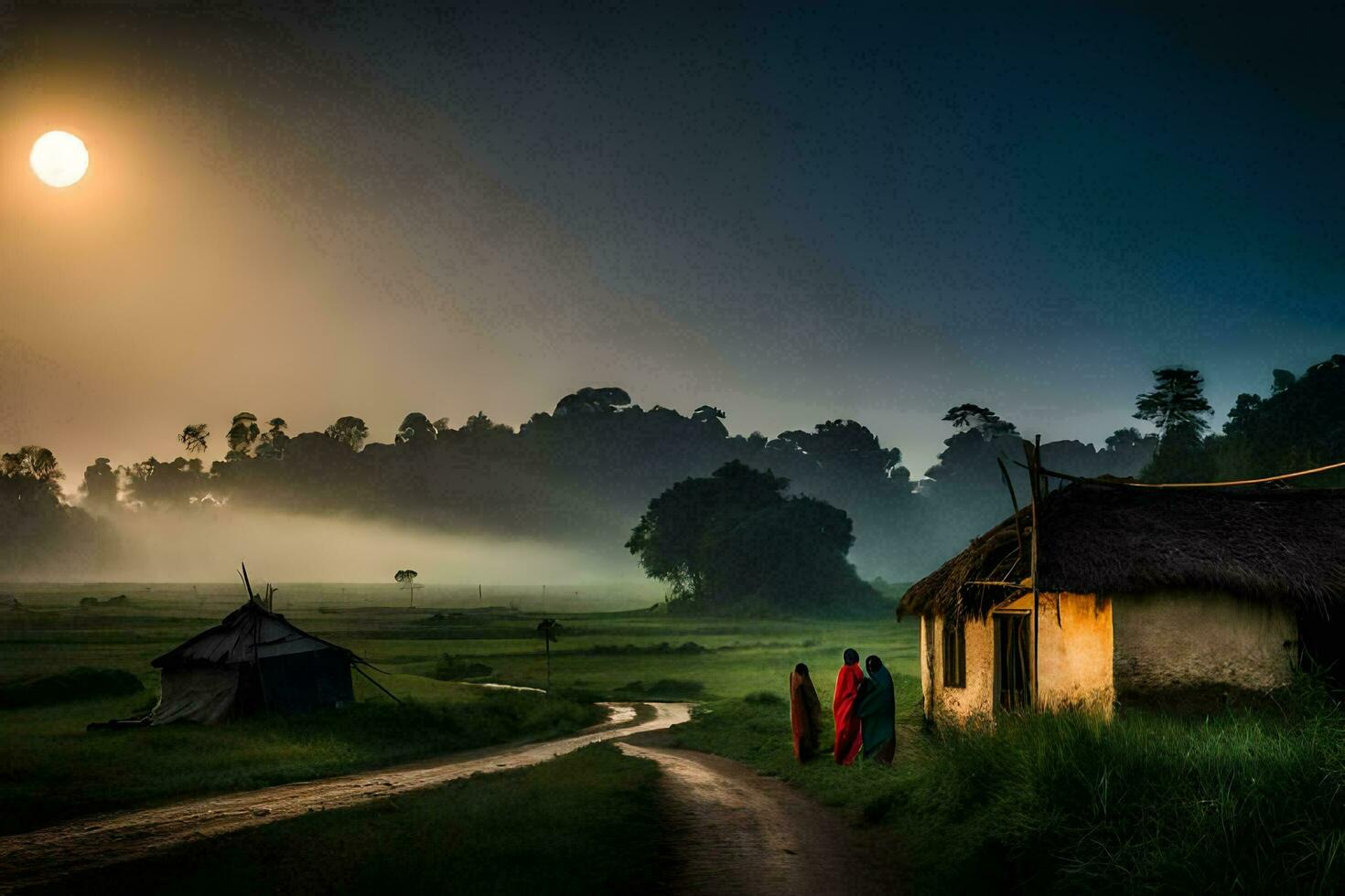 the sun rises over a village in the middle of a field. AI-Generated photo