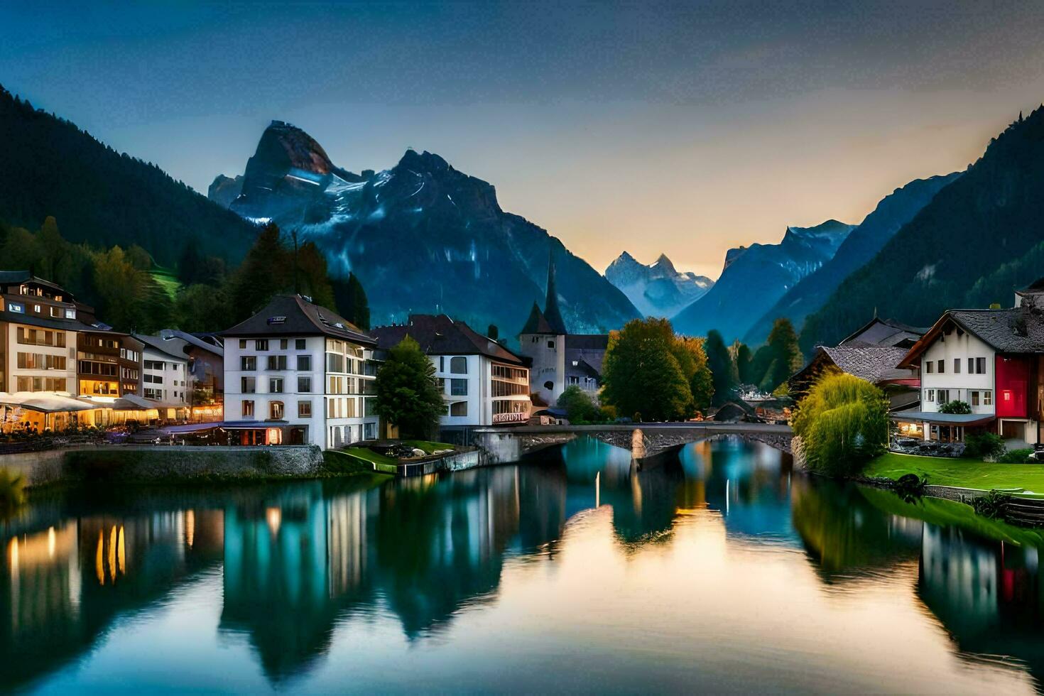 the beautiful town of switzerland at sunset. AI-Generated photo