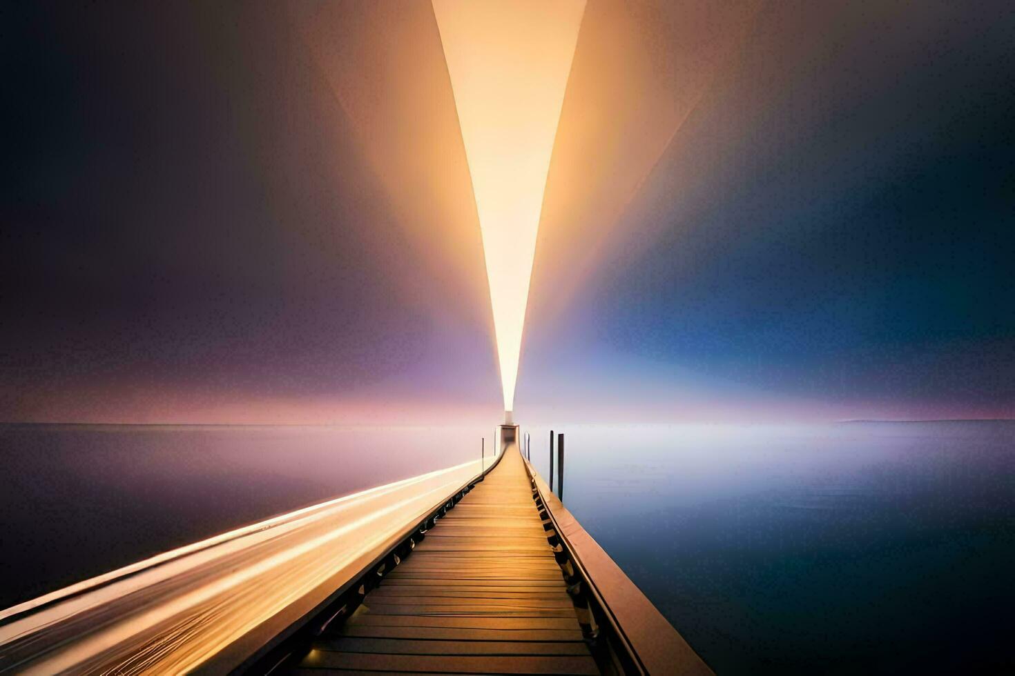 a long exposure photo of a pier with light trails. AI-Generated