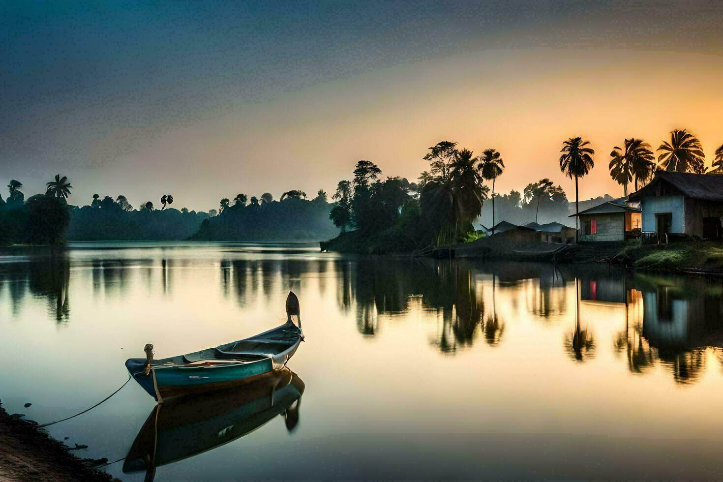 a boat sits on the shore of a river at sunset. AI-Generated photo