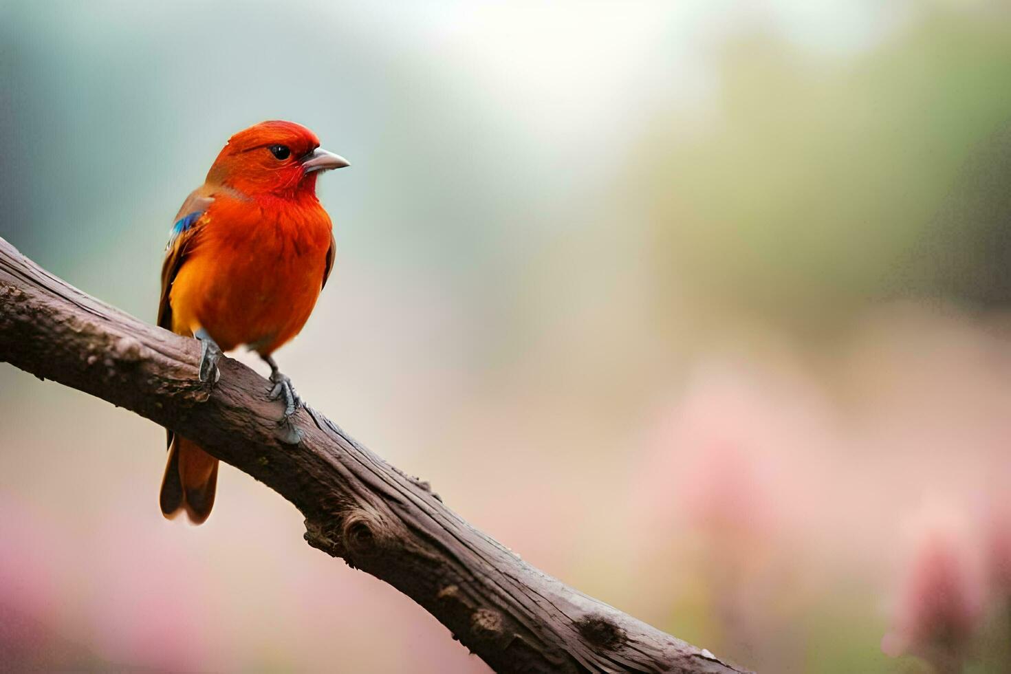 a bright orange bird sits on a branch. AI-Generated photo