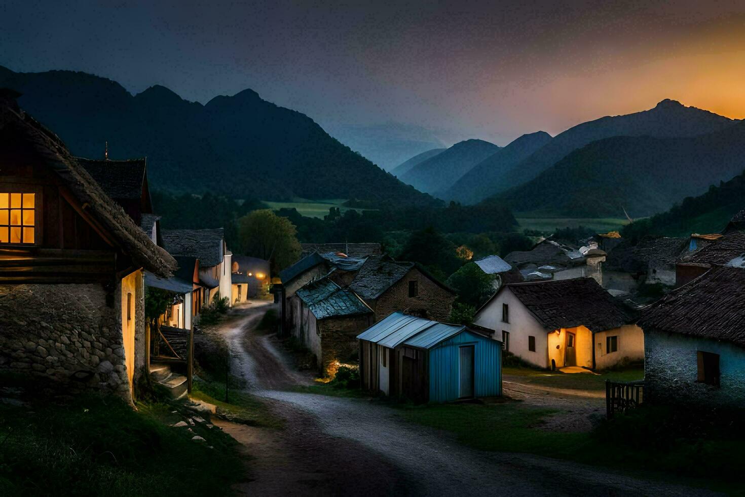 foto fondo de pantalla el cielo, montañas, aldea, el camino, el aldea, el camino, el. generado por ai