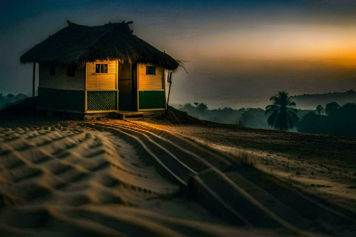 the hut in the sand. AI-Generated photo