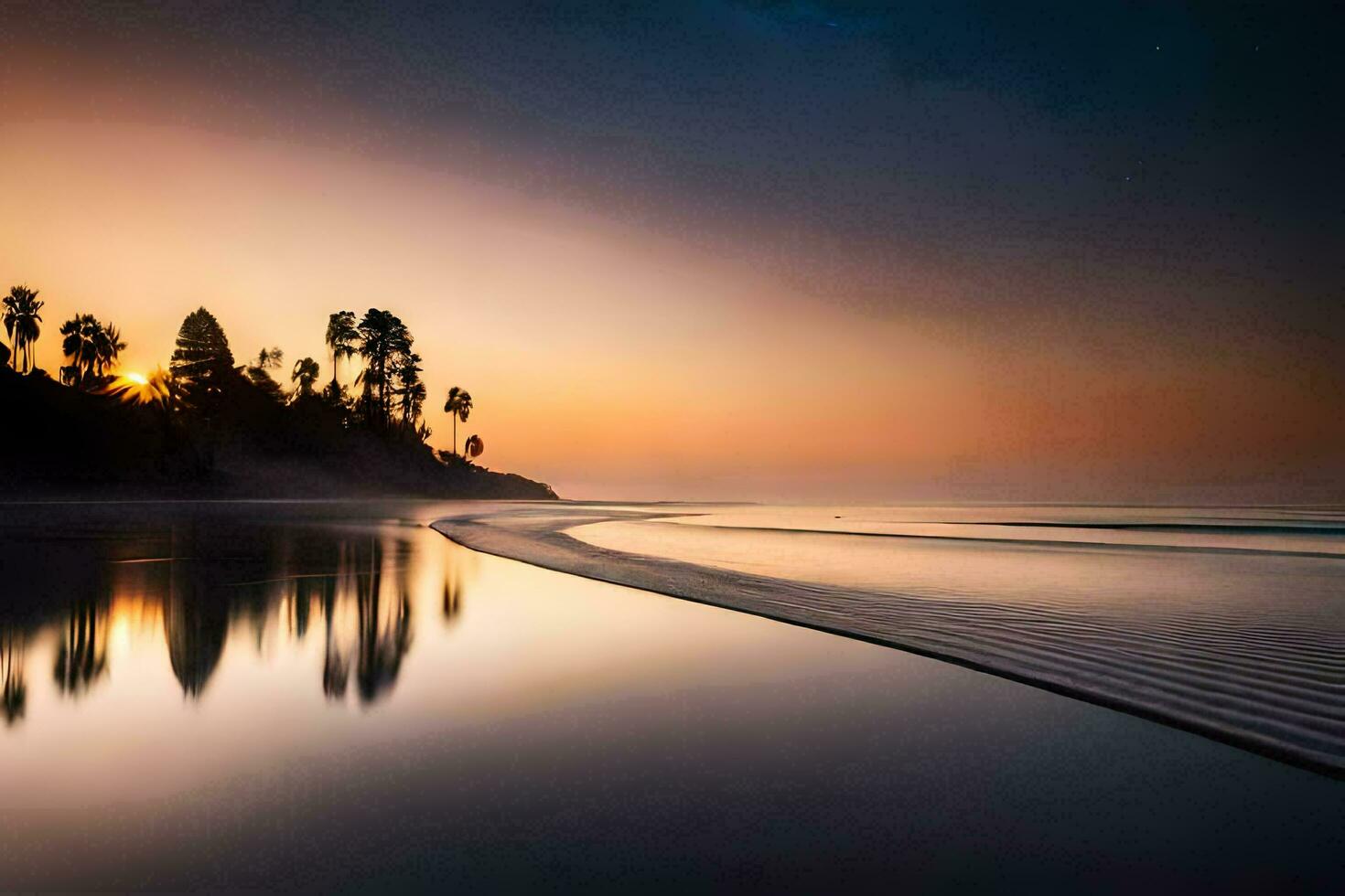the sun sets over the ocean and trees. AI-Generated photo