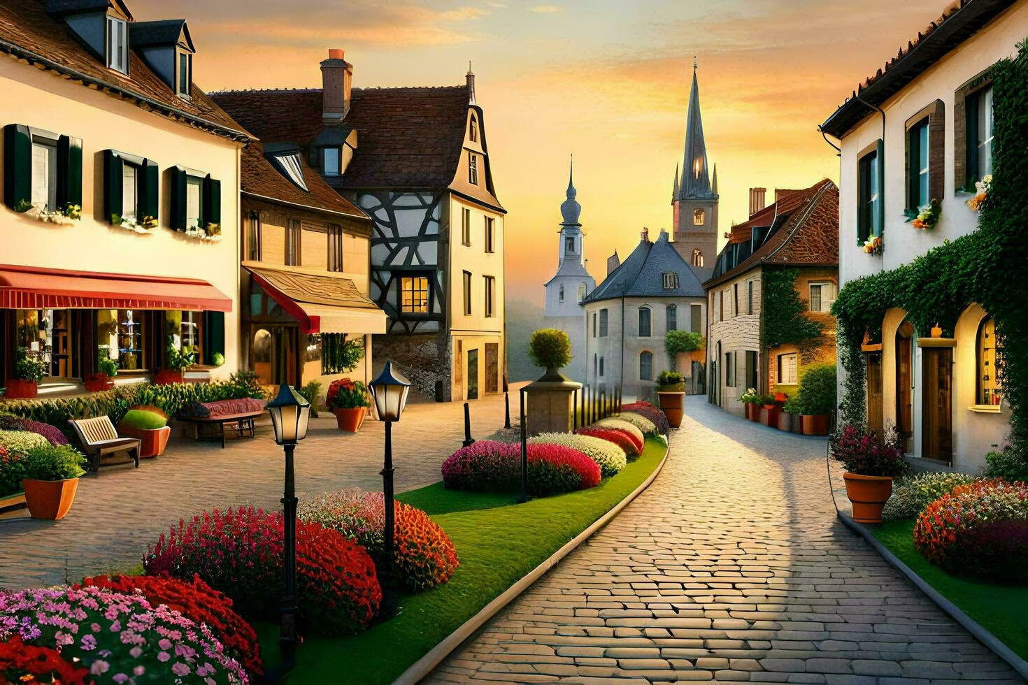 a street with flowers and buildings in a european town. AI-Generated photo