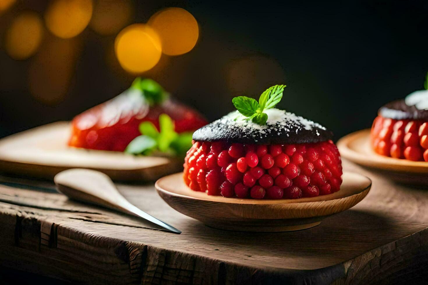 Tres postres en un de madera mesa. generado por ai foto