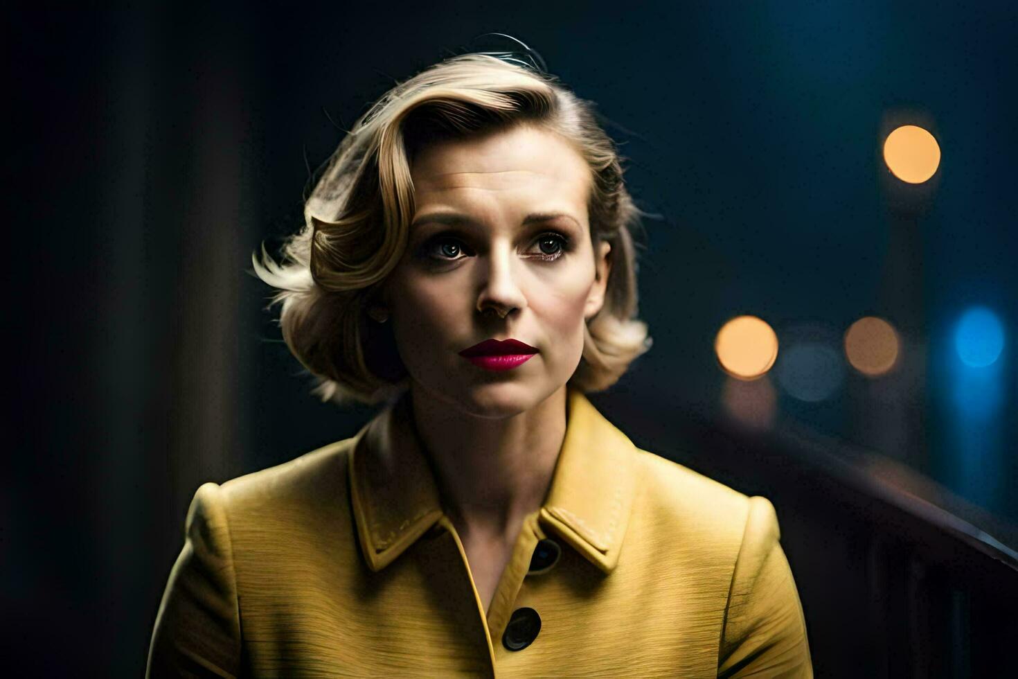 a woman in a yellow coat and red lipstick. AI-Generated photo