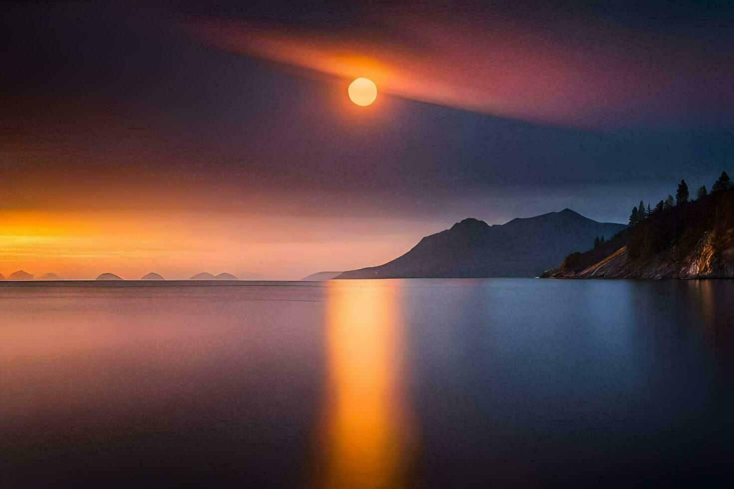 the moon rises over the ocean and mountains. AI-Generated photo