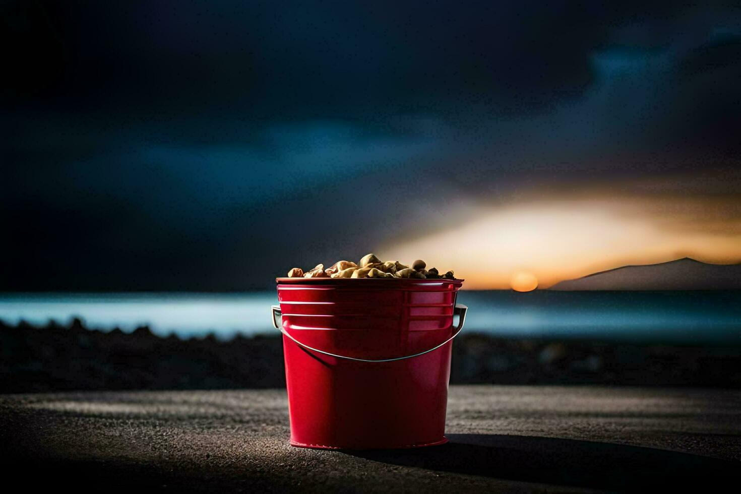 a red bucket with nuts on the beach. AI-Generated photo
