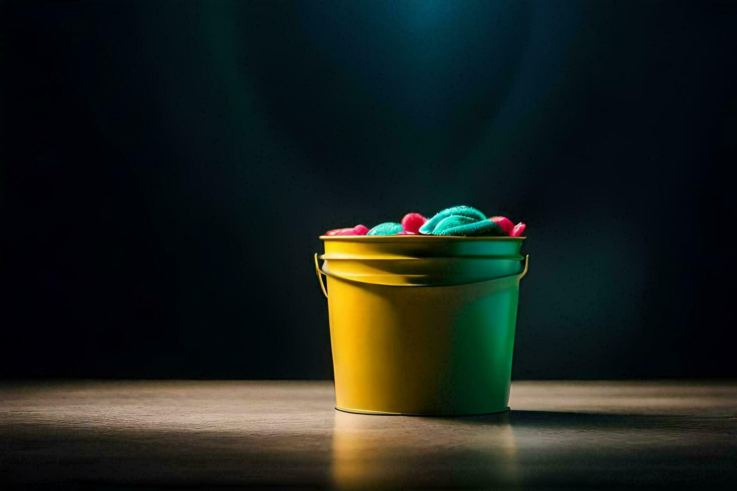 a bucket filled with colorful candy on a dark table. AI-Generated photo