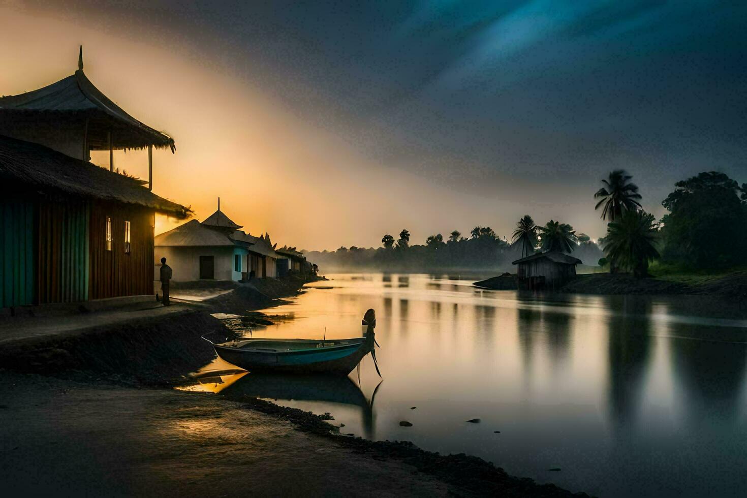 un barco se sienta en el apuntalar de un río a puesta de sol. generado por ai foto