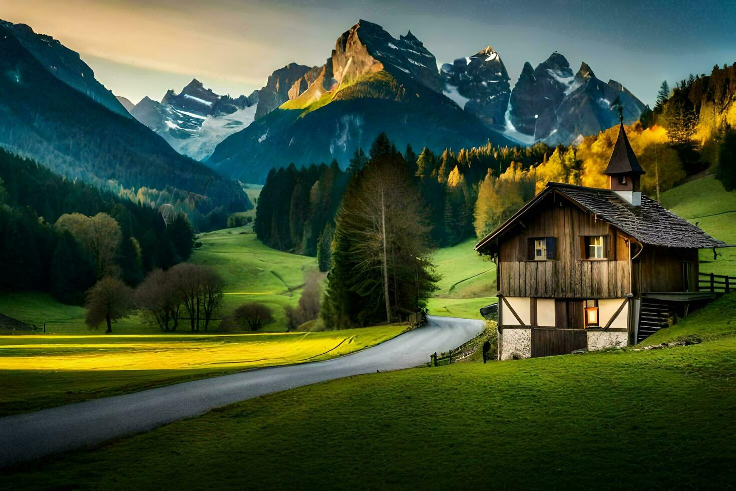 a small cabin in the mountains with a road leading to it. AI-Generated photo