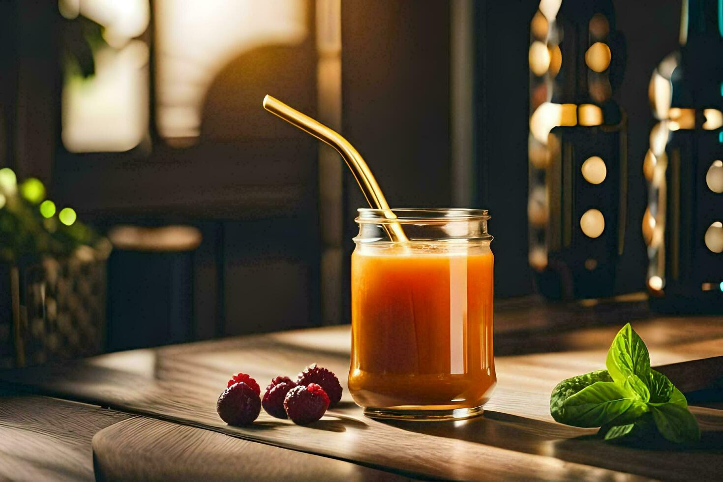 a glass of juice with a straw on a table. AI-Generated photo