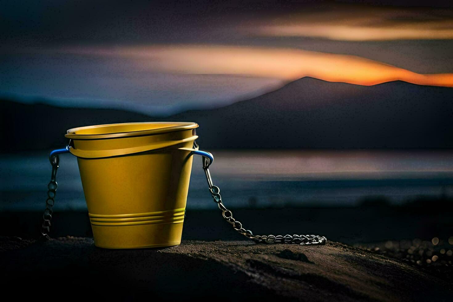 a yellow bucket sits on a rock near the water. AI-Generated photo