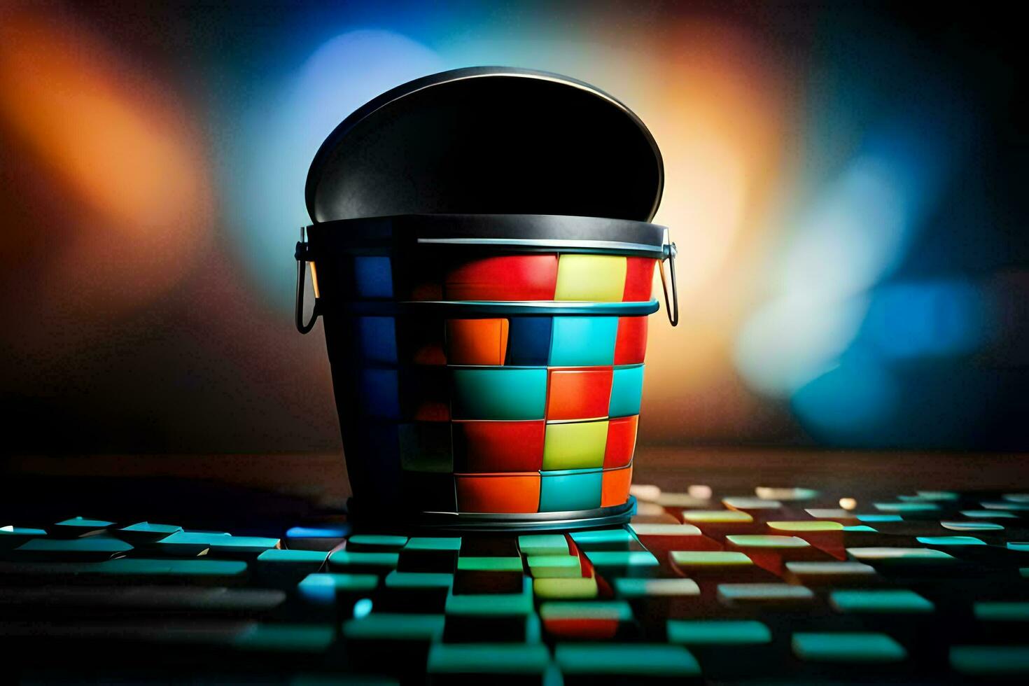 a colorful bucket sitting on a table with a bright light. AI-Generated photo