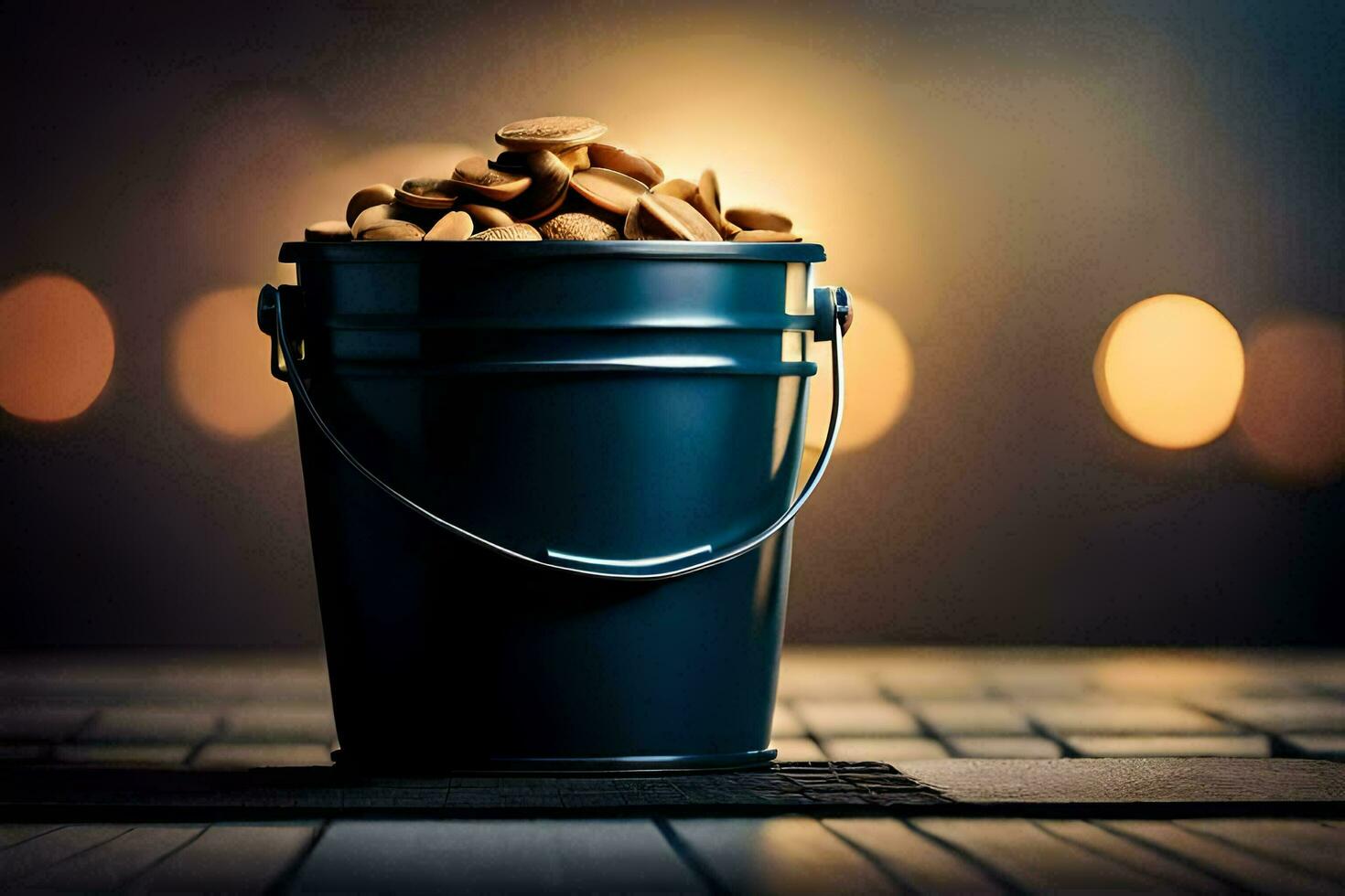 a bucket filled with peanuts on a wooden table. AI-Generated photo