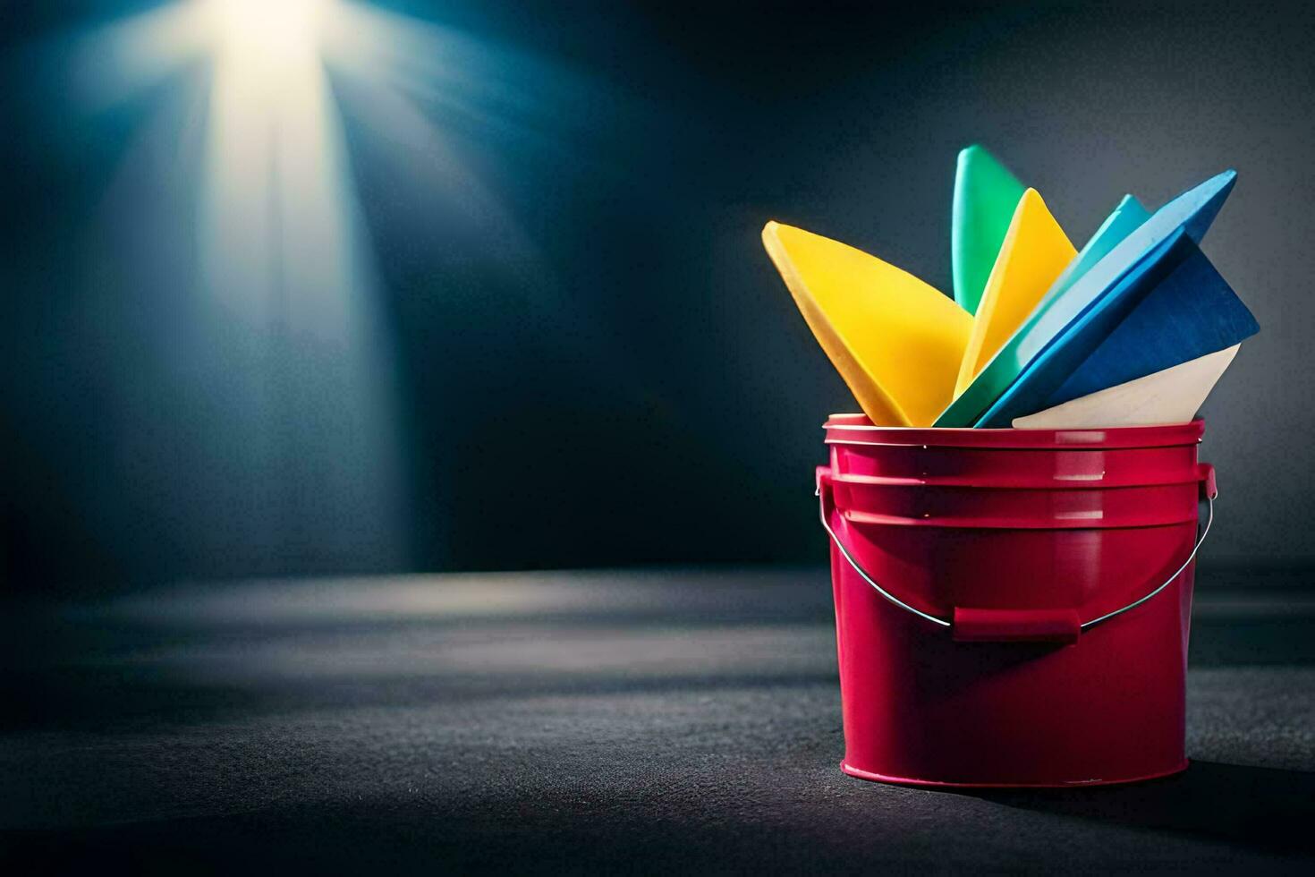 a bucket filled with colorful paint brushes. AI-Generated photo