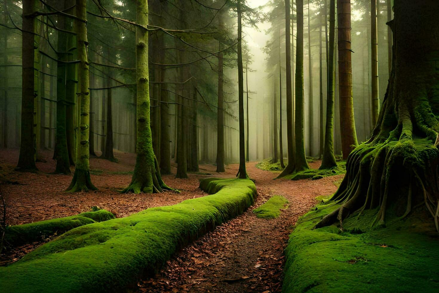 a path through a forest with mossy trees. AI-Generated photo