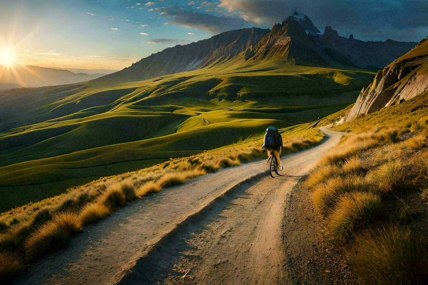 a man walks along a dirt road in the mountains. AI-Generated photo