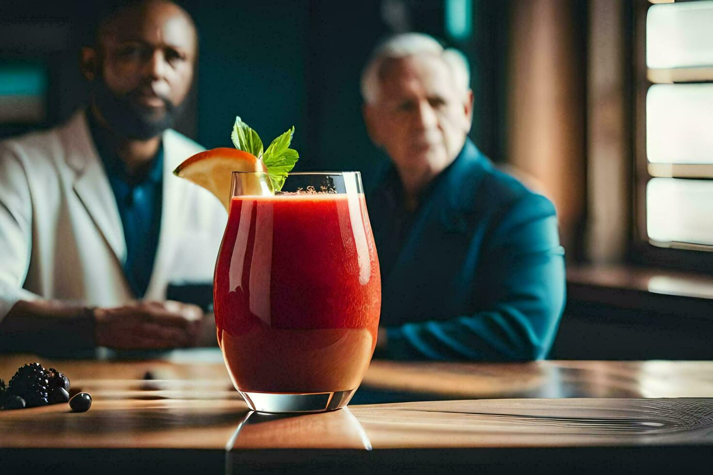 dos hombres sentado a un mesa con un beber. generado por ai foto