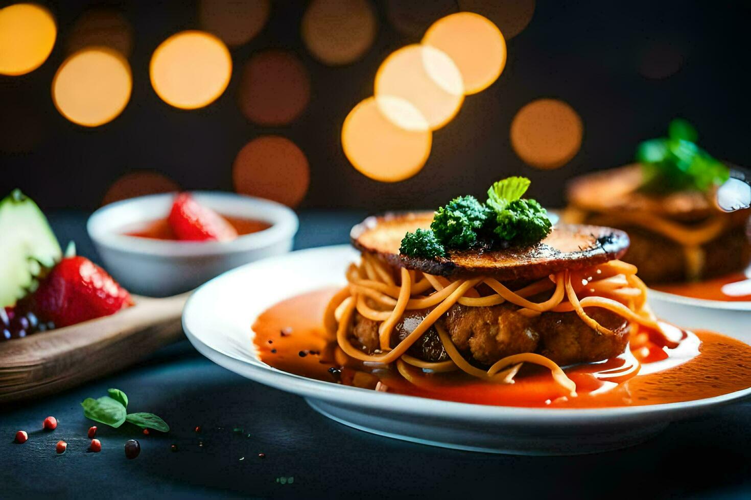 two plates with spaghetti and sauce on them. AI-Generated photo