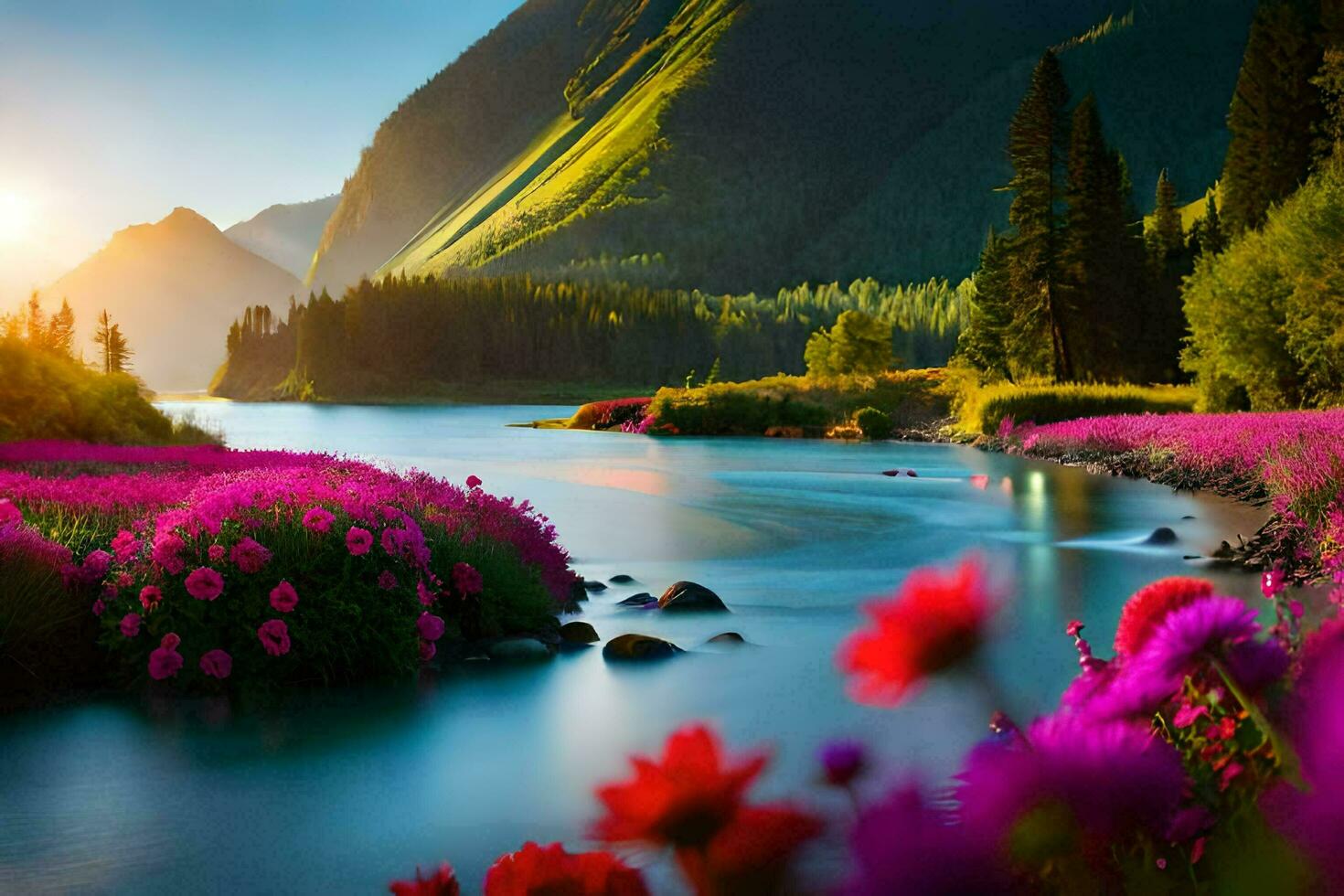 the sun shines on a river in a beautiful mountain landscape. AI-Generated photo