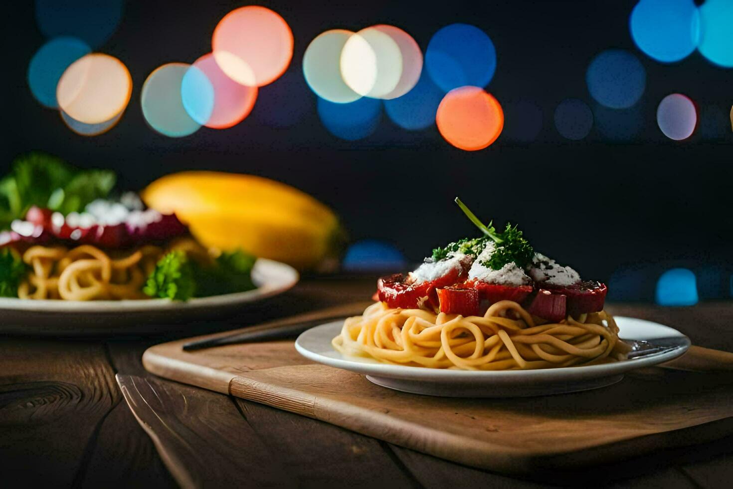 espaguetis con Tomates y queso feta queso en un de madera mesa. generado por ai foto