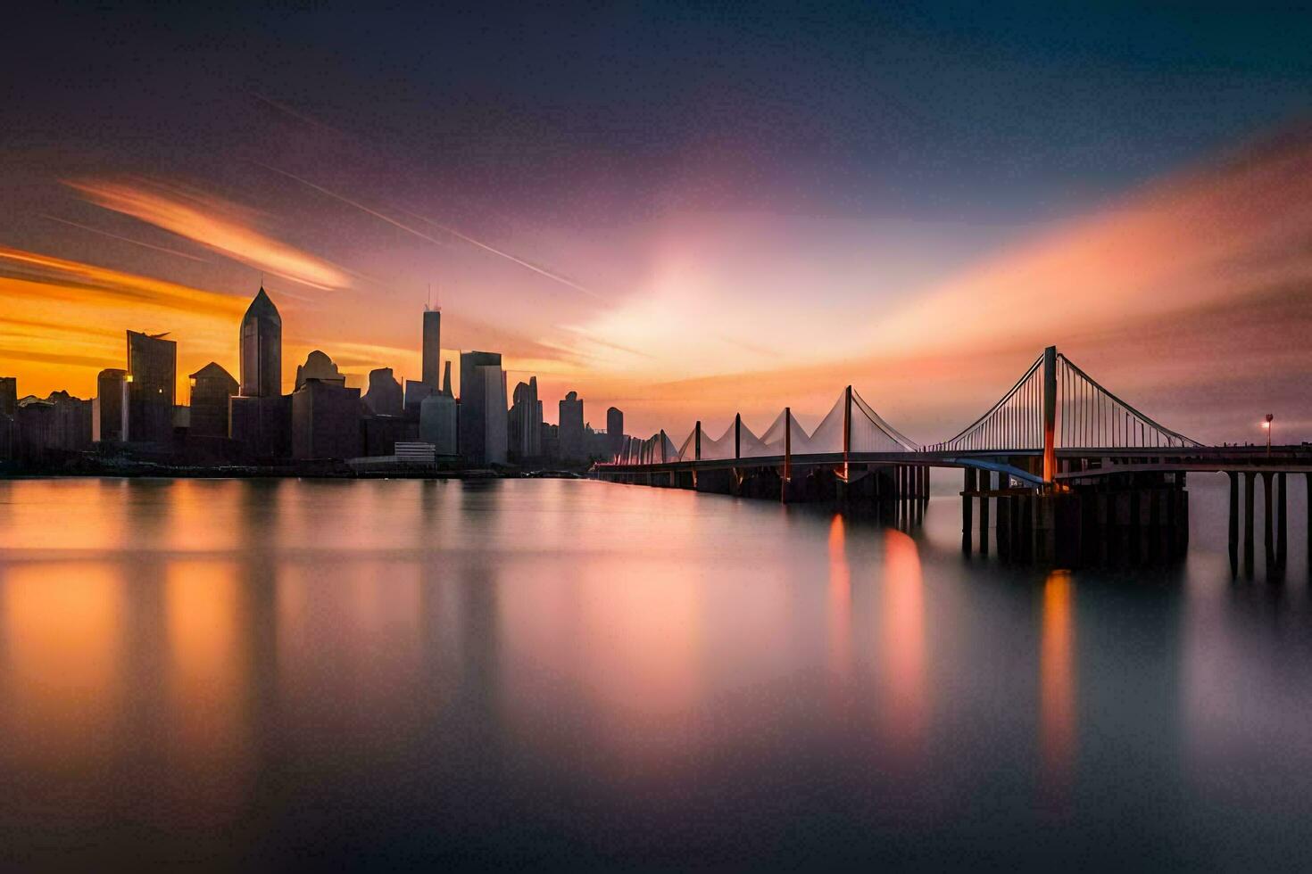 the city skyline is seen in the background as the sun sets. AI-Generated photo