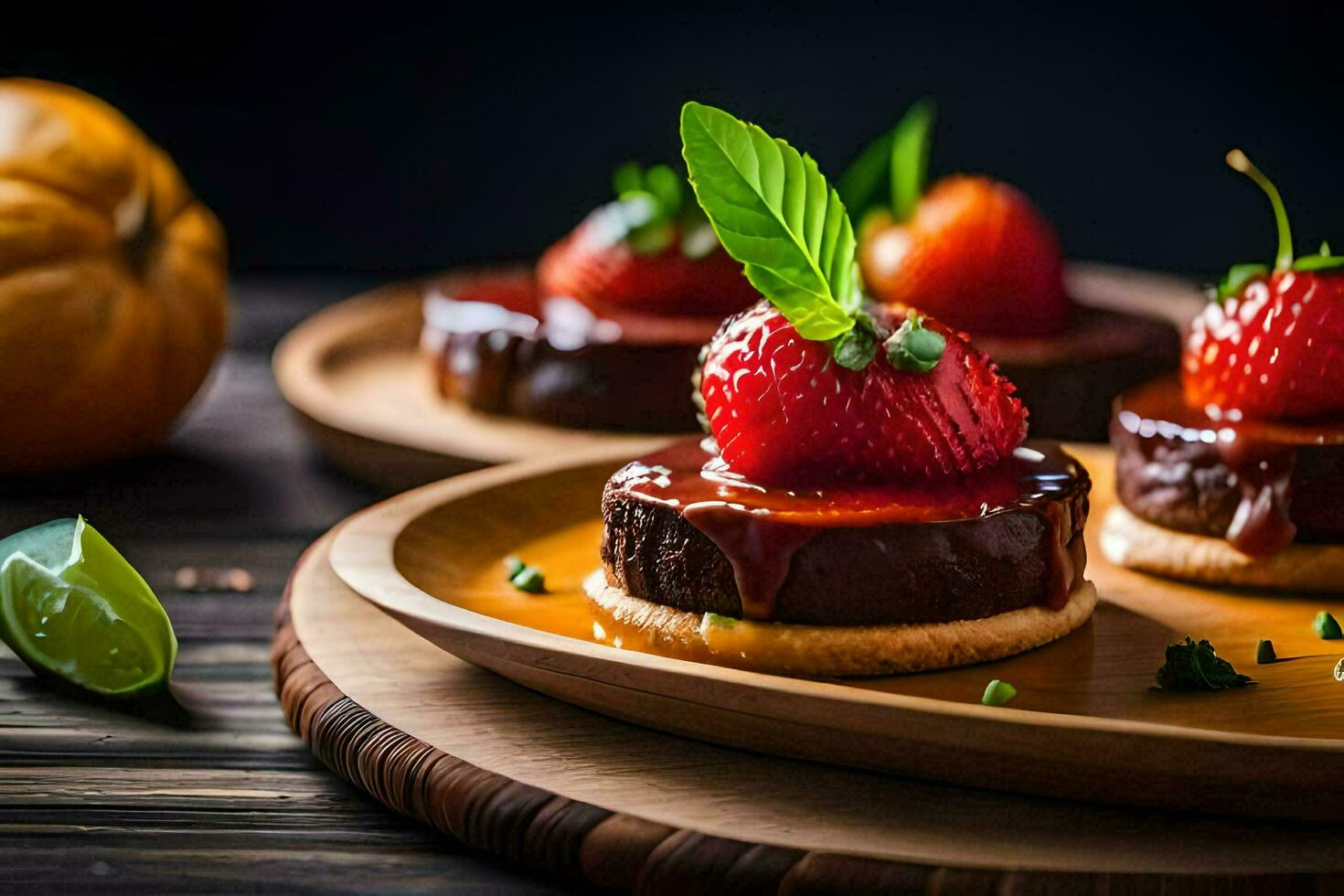 three small desserts with strawberries and chocolate. AI-Generated photo