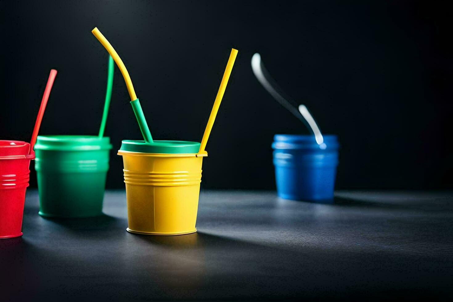 cuatro vistoso el plastico tazas con pajitas en un oscuro superficie. generado por ai foto