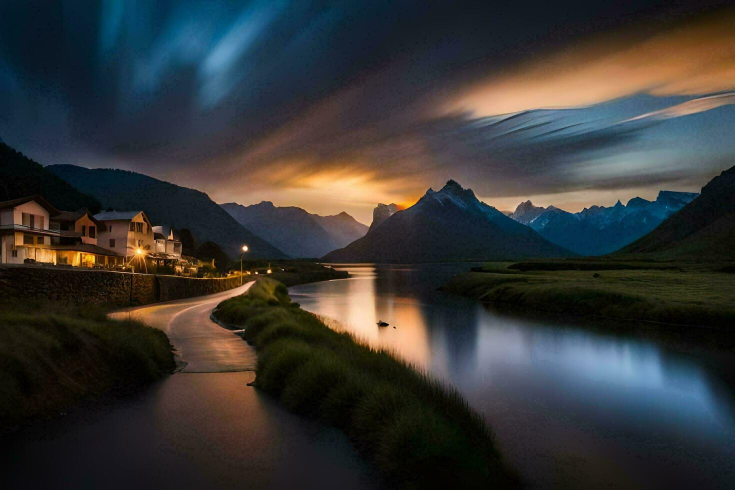 a river runs through a town at sunset. AI-Generated photo
