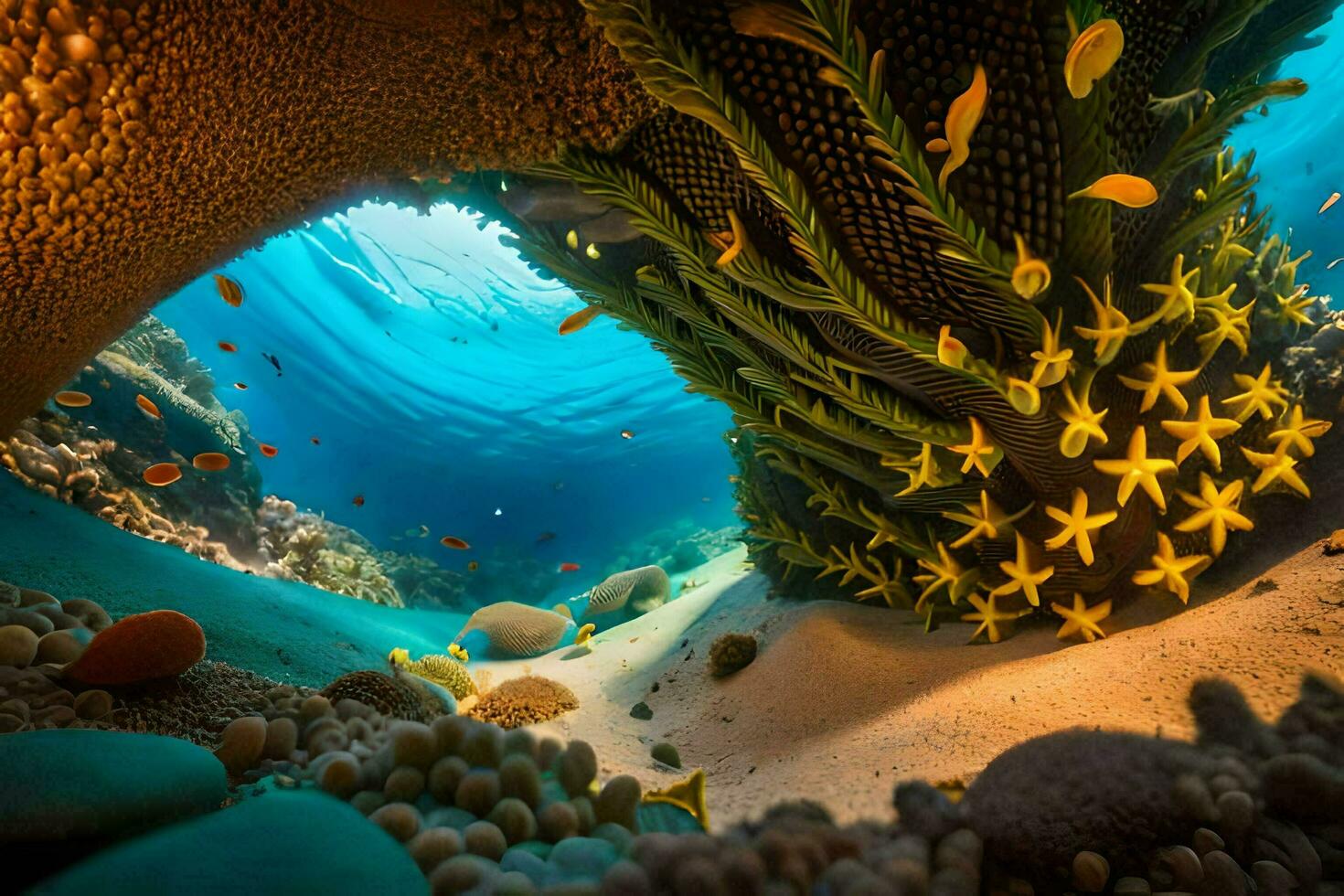 underwater scene with starfish and coral. AI-Generated photo