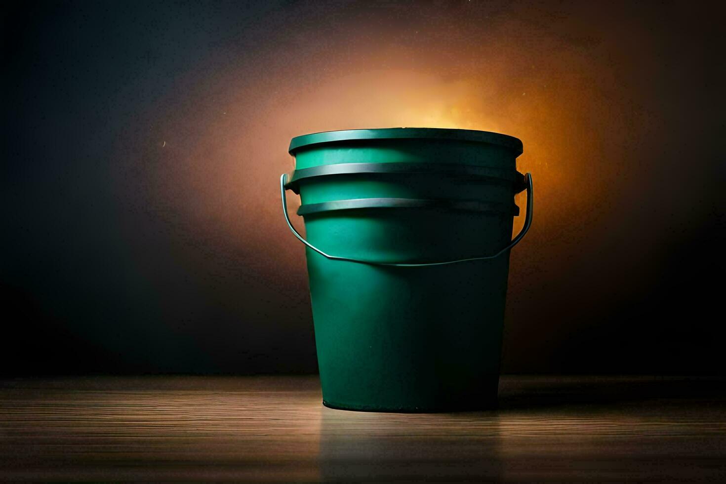 a green bucket sitting on a wooden table. AI-Generated photo