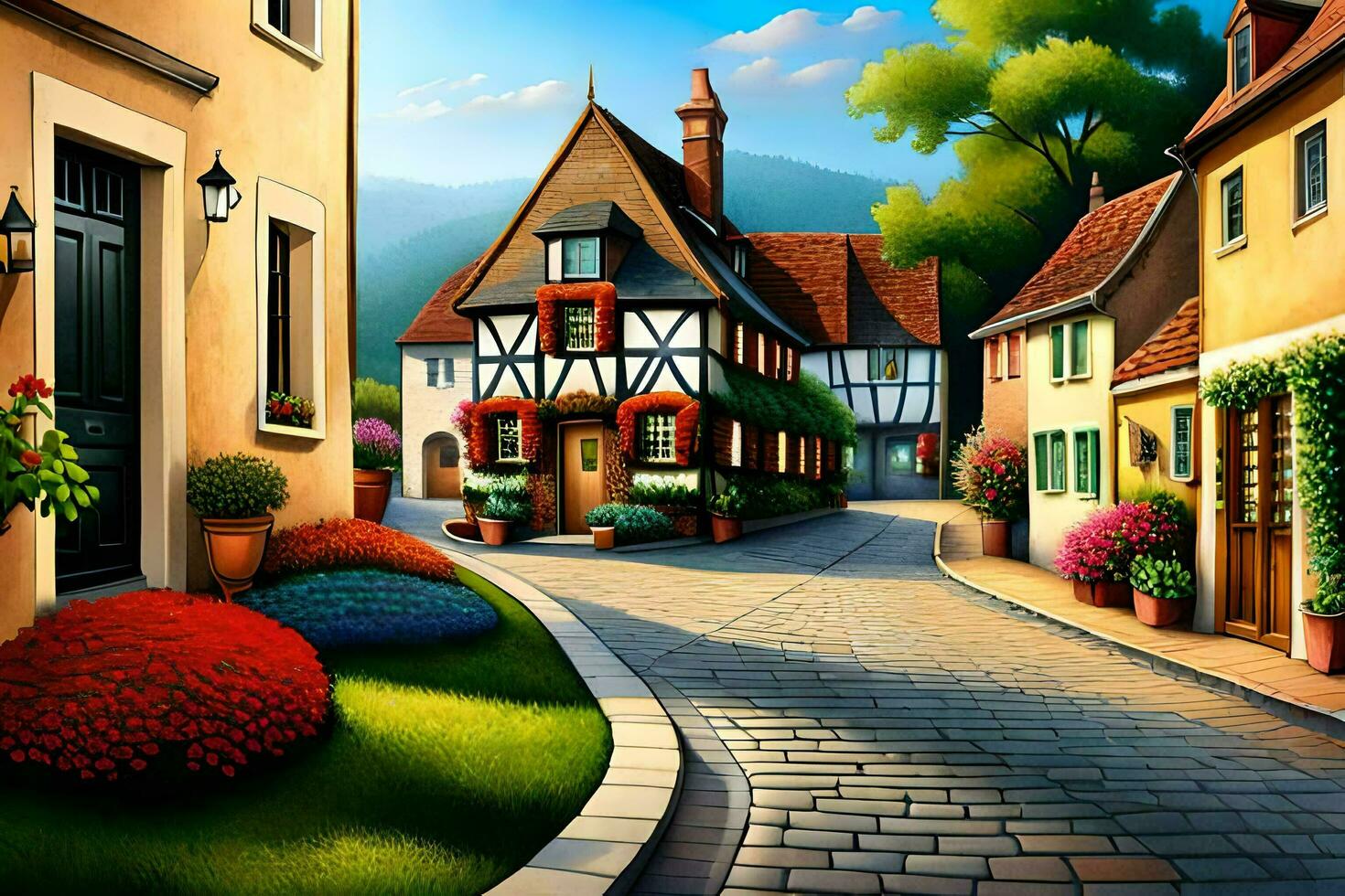 a painting of a street in the countryside. AI-Generated photo
