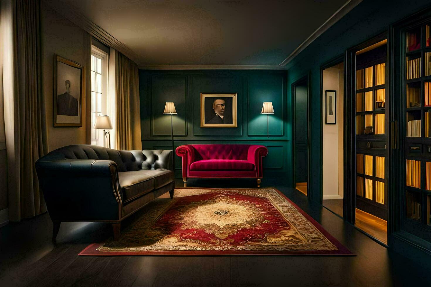 a room with a red couch and a black chair. AI-Generated photo