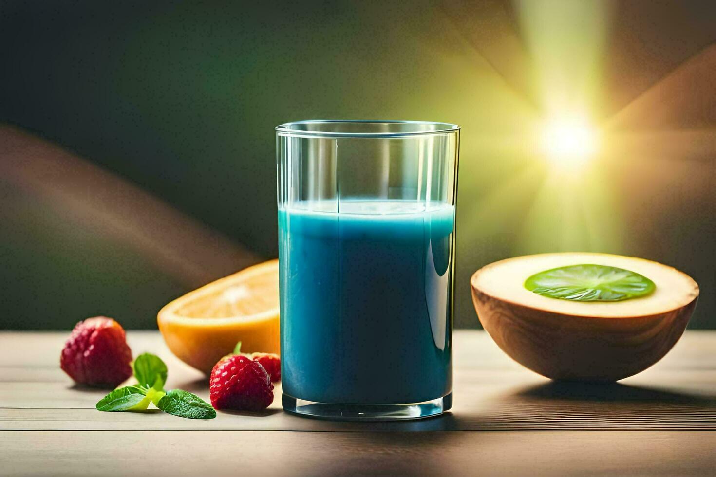 a glass of blue juice with strawberries and oranges. AI-Generated photo