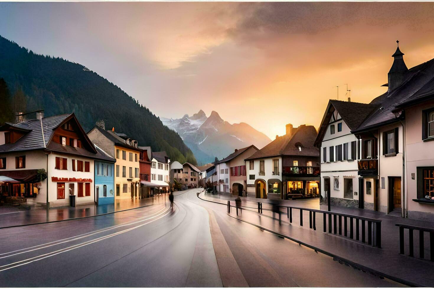 a town in the mountains with a sunset. AI-Generated photo