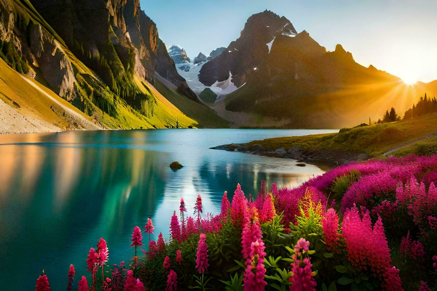 the sun rises over a lake and flowers in the mountains. AI-Generated photo
