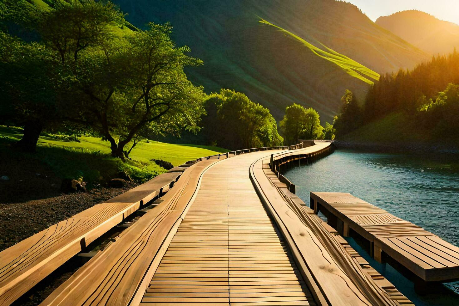 a wooden bridge leads to a lake and mountains. AI-Generated photo