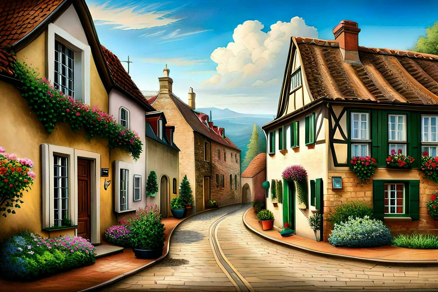 a painting of a street in a european town. AI-Generated photo