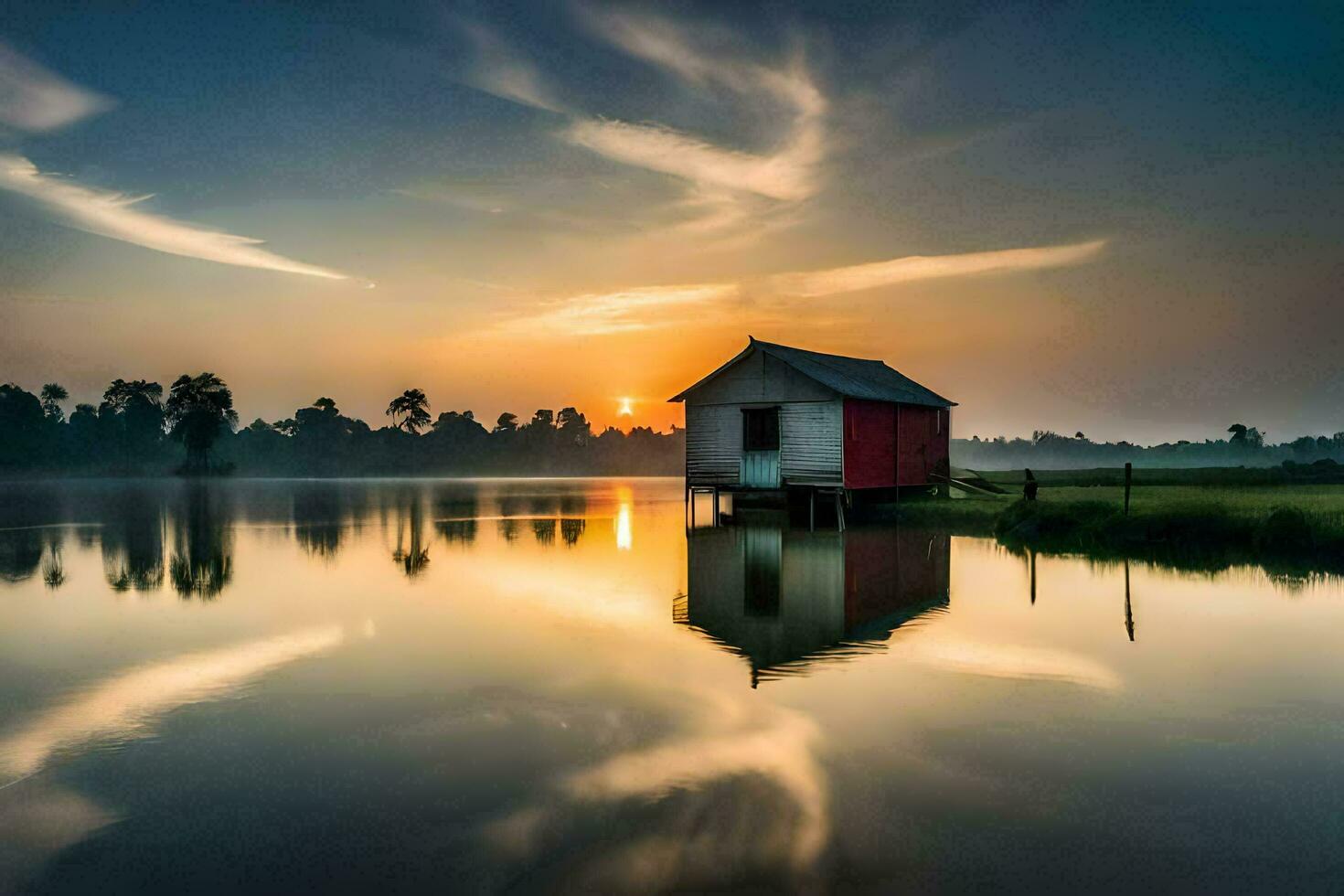 a small red house sits on the edge of a lake at sunset. AI-Generated photo