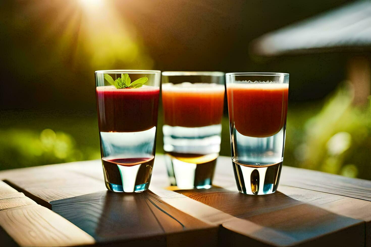 three glasses of juice on a table. AI-Generated photo