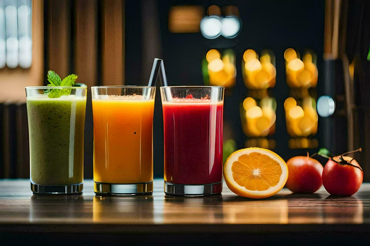 three glasses of juice on a table. AI-Generated photo