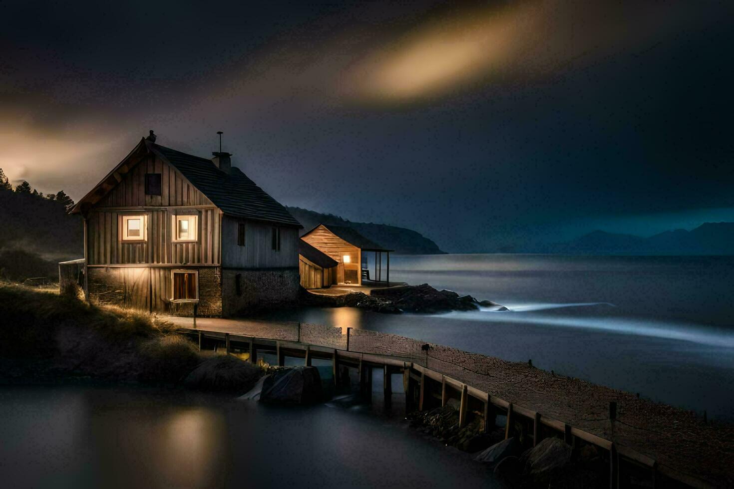 a house on the water at night. AI-Generated photo