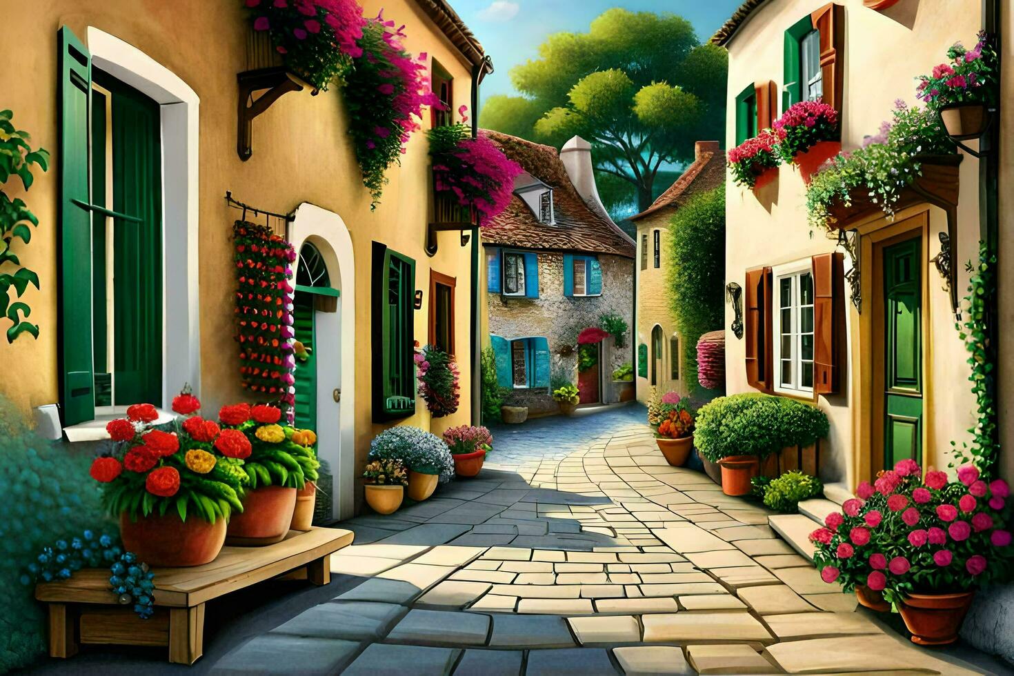 an oil painting of a street with flowers and potted plants. AI-Generated photo