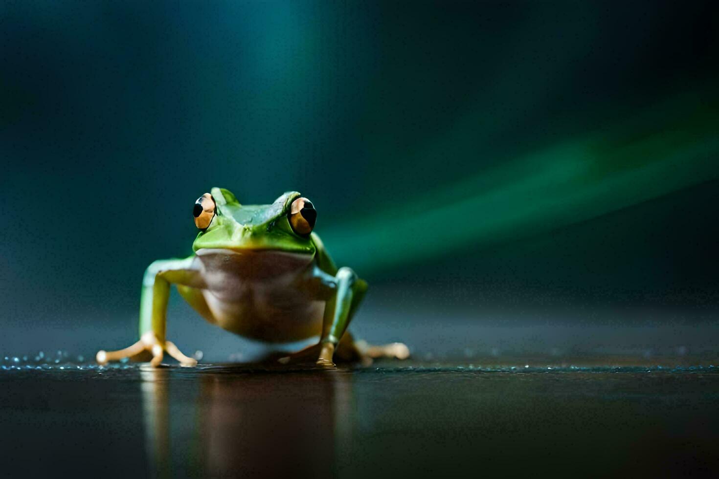 a frog is sitting on a wooden floor. AI-Generated photo