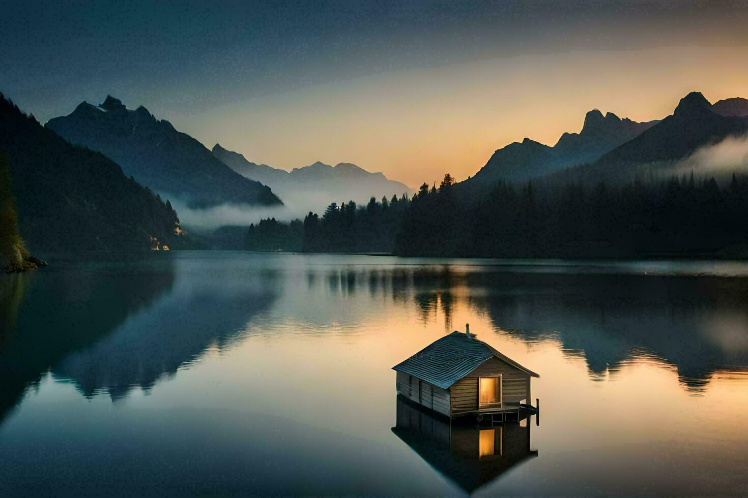 a small house sits on the edge of a lake at sunset. AI-Generated photo