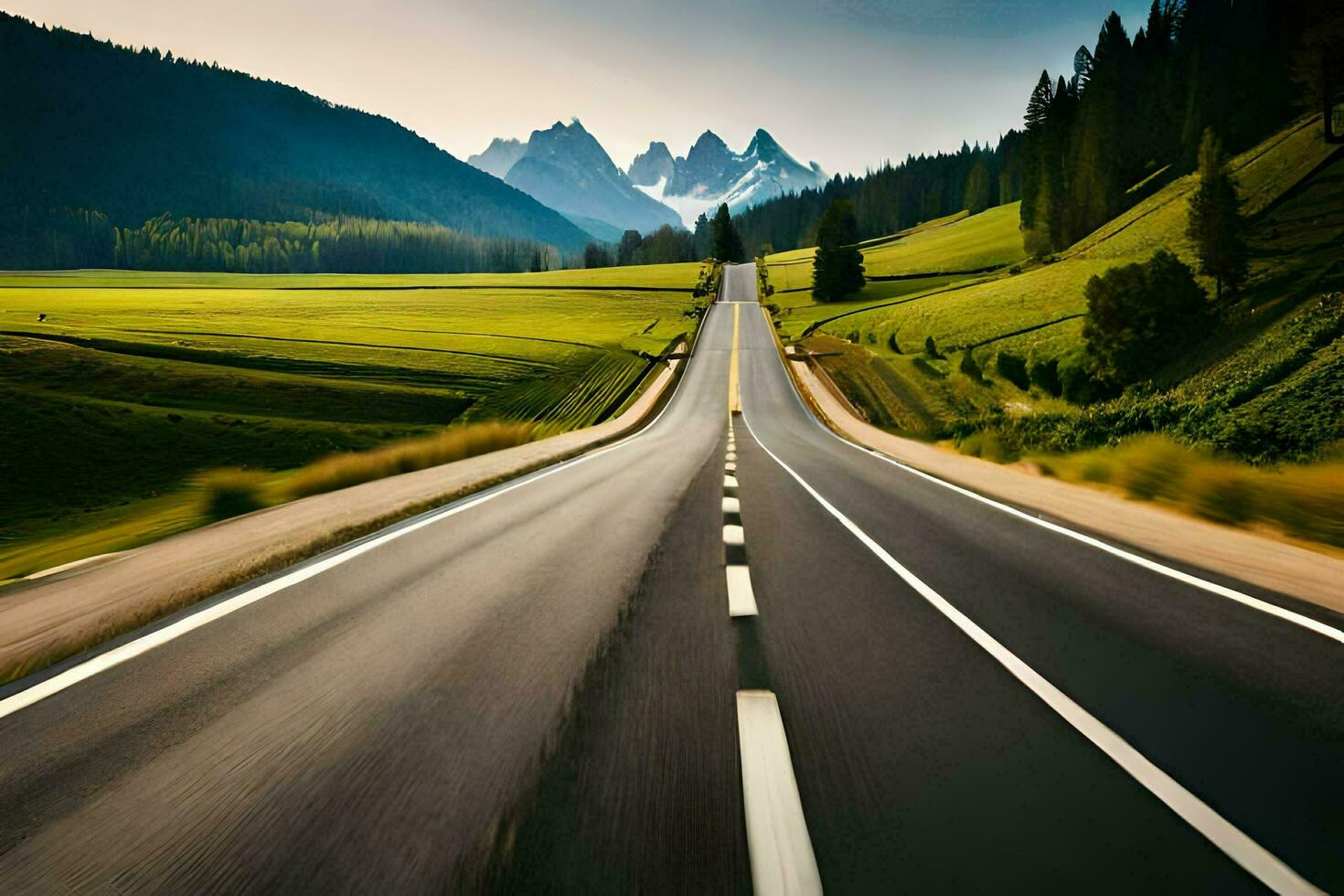 un la carretera en el montañas con arboles y césped. generado por ai foto