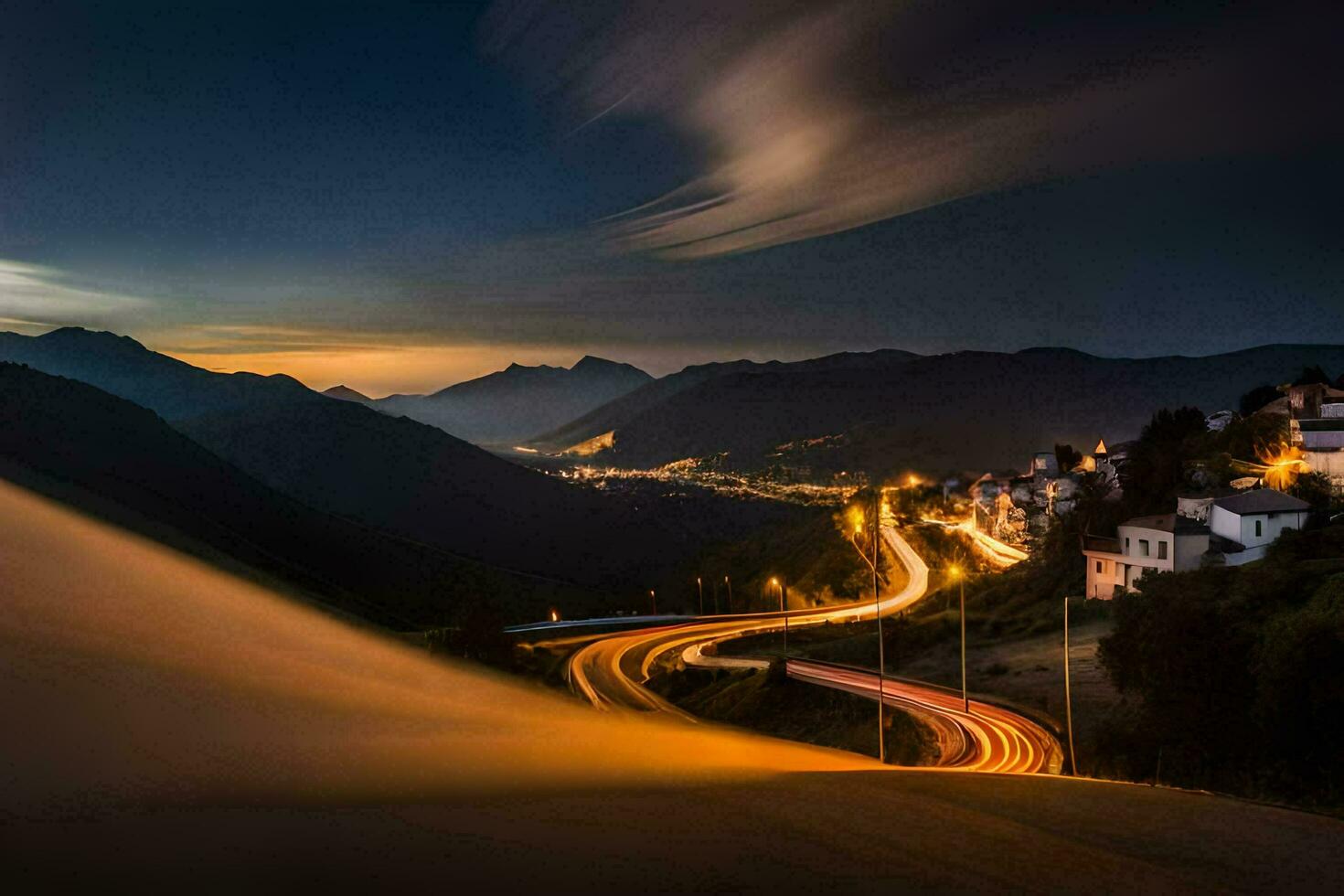 un largo exposición foto de un devanado la carretera en el montañas. generado por ai