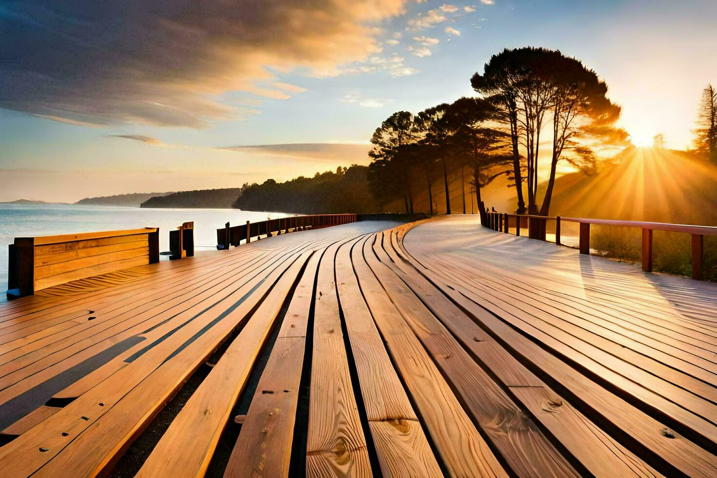a wooden boardwalk leads to the water at sunset. AI-Generated photo